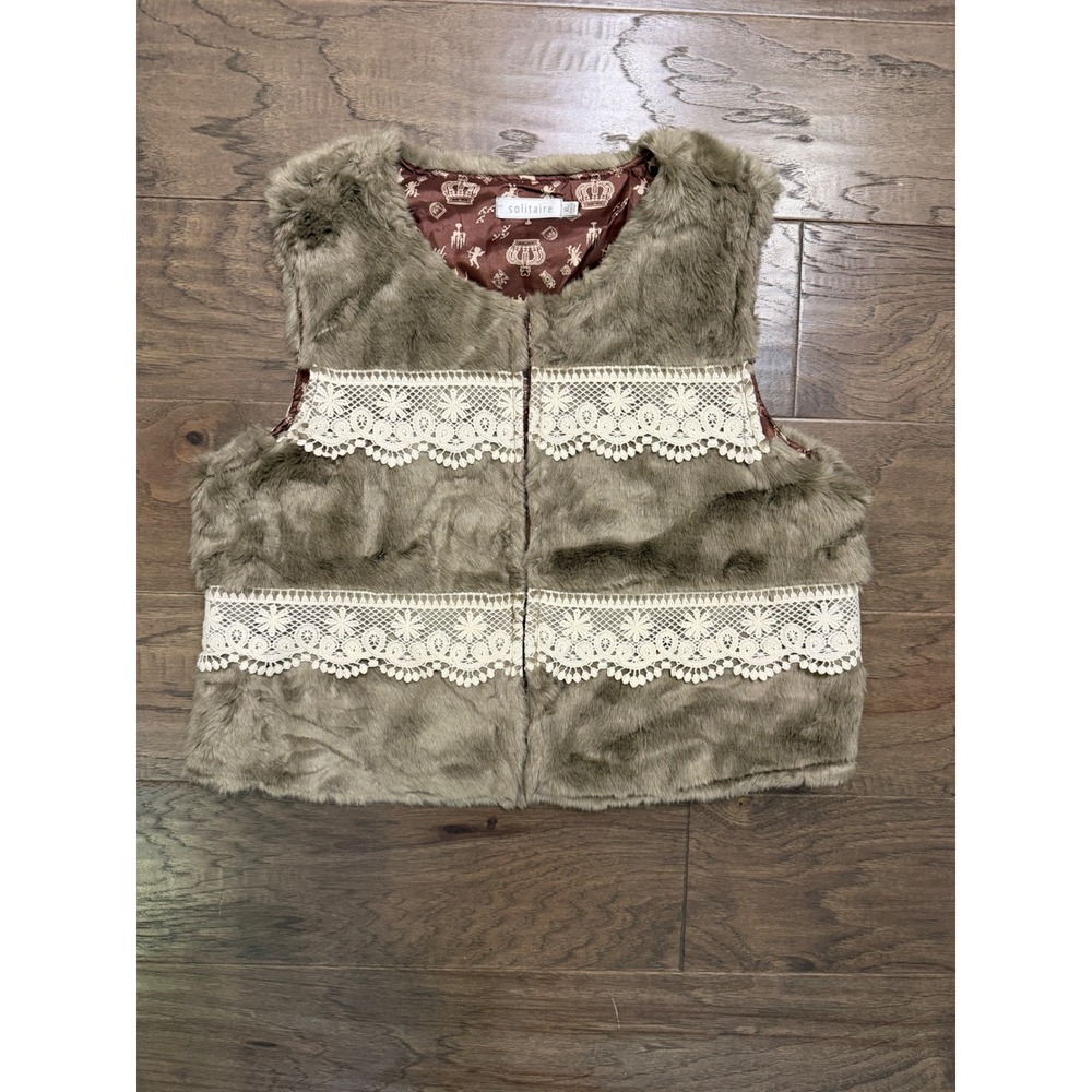 Solitaire Faux Fur Vest Womens XL Tan Cream Lace Trim Boho Sleeveless Jacket